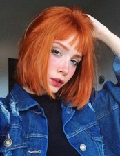 Perruque Femme Synthétique Courte Rousse Orange Lisse 30cm +1 Bonnet