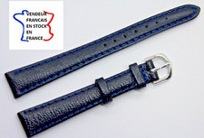 Bracelet montre;13mm ;CUIR VERITABLE ;NOIR surpiqué BLEU ;Boucle argentée / 50-6