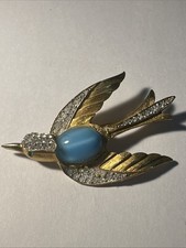 Broche Oiseau Dorée Pierre Bleue Et Strass Blanc Bijoux Fantaisie