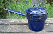 Ancien Pot à couvercle casserole à Bain marie en Tôle émaillée
