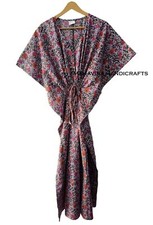 Indien Coton Ample Manche Courte Imprimé Floral Gris Taille Libre Gypsy Caftan