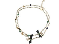 NEUF COLLIER SAUTOIR CHANEL 2024 PERLES NOEUD EN CUIR LOGO CC STRASS ET PIERRES