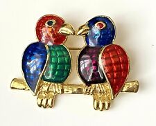 BROCHE VINTAGE COUPLE de Perroquet émaillé multicolore Rouge Bleu Vert Violet !