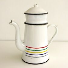 Ancienne Cafetière en tôle émaillée Blanche et multicolore filtre Email Alfa