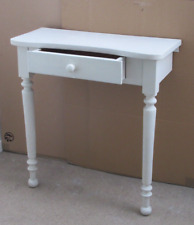 Console murale blanche ancienne en bois peint à 2 pieds tournés et un tiroir 