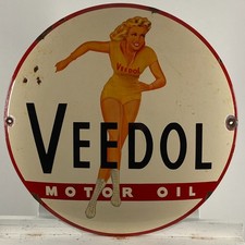 Plaque émaillée Veedol - Ø 50 cm (19,7") - joli décor publicitaire...