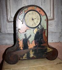 ancienne pendule horloge BOIS  + MOUVEMENT décor voilier moulin 19th Clock wood