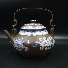 BELLE ANCIENNE THEIERE CHINOISE TERRE CUITE ANSE LAITON DECOR EMAILLE SIGNEE