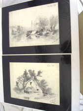 MONTALANT. A.-Ecole Française -19è 2 fins dessins"Bateau en rivière/Chaumière -C