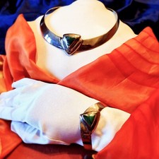 Parure Vintage Artisan 70's Métal Rhodié Et Malachite Façon Argent Poli Miroir