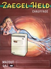OKLEY ZAEGEL-HELD Chauffage gaz mazout affiche publicitaire une Femme à Poële