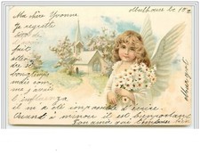 Ange portant un bouquet de marguerites, près d'une église - 3255