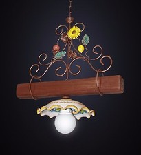Lustre Barbell Rustique 1 Lumière Fer Forgé Céramique et Bois Et Tournesol