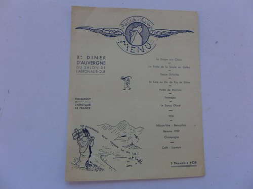 Menu 1938 aero club auvergne - 1938, d'auvergne