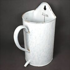 Ancien Broc Lavement Tôle Émaillée Blanc Marbré Bleu Fontaine Médicale