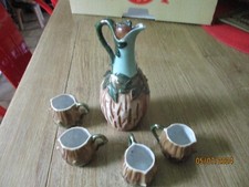 Ancienne Bouteille Barbotine Liqueur Service à Alcool ou Crême de Noix +4 Verres