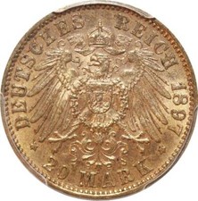 ZZ976 Germany Württemberg 20 Mark Wilhelm II 1897 F Stuttgart Or Gold PCGS MS62