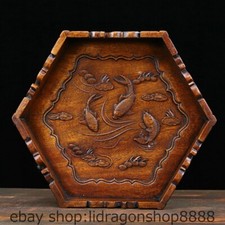 13.6" plateau en bois de rose chinois sculpté dynastie Palace poisson hexagone