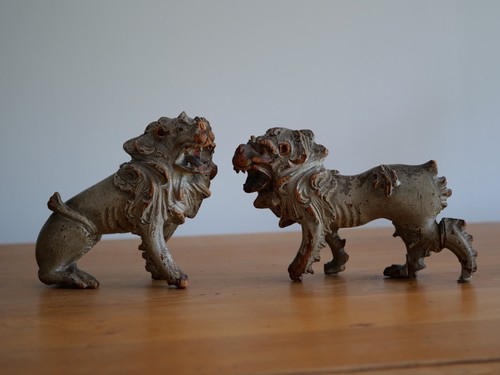 Paire lions bois - paire,