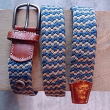 Ceinture vintage cuir coton bleu blanc tressé élastique unisexe 108 cm Kiliwatch