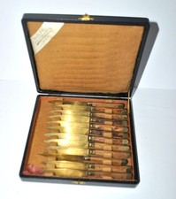 Set 12 Couteaux fromage vintage doré laiton et bois 1950 Coutelier Martin