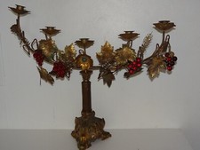 Ancien Candélabre, Chandelier d'Eglise XIXème en Bronze, Laiton Doré et Email