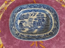 Plat Rectangulaire Creux Faience Décor Japonisant Saule Pleureur Bleu 29cm 700Gr