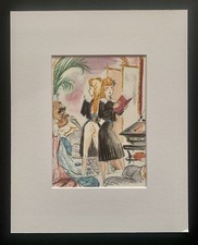 Tableau ancien estampe gravure illustration couleur scène femme nue curiosa XX