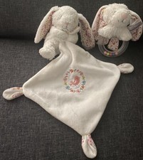 3309?Lot Doudou Hochet Lapin Blanc Noeud Mouchoir Fleurs Liberty Rose POMMETTE