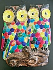 plaque décorative murale en ciment peint  couple hibou chouette vintage