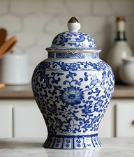 Potiche en Porcelaine Bleue et Blanche avec Couvercle – Vase en Céramique Floral