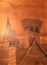 Tableau Marqueterie XXe Signée Lucien Straub Cigognes Alsace H 23 Cm