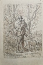 Ancien Dessin Mine Crayon Le Chasseur Qui Fume Et Son Chien Chasse XIXÈME