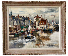 Gaston Girault, Huile sur toile 1970 Port de Honfleur, Calvados, peintre côté