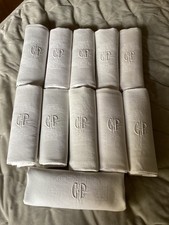 serviettes de table textile ancien lin jacquard blanc monogramme brodé CP