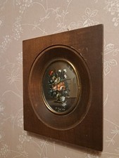 Petite gouache sur bois vintage style floral sous verre globe 