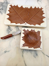 PLATEAU A FROMAGE + BEURRIER VINTAGE-MOTIF FEUILLE DE VIGNE-CERAMIQUE VERCERAM