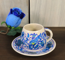Tasse à Café et Sous-tasse en Céramique d'Inde Jaipur Peint Main Grès Bleu Iznik