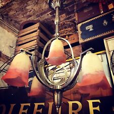 Lustre Suspension Art Déco Bronze Nickelé 5 Tulipes Pâte De Verre Degué H 76 Cm