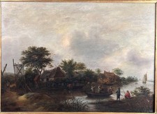 Claes Molenaer 1630-1676 Paysage fluvial hollandais avec bateaux et panneau...
