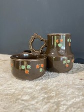 Moutardier Salière Poivrière Ancien Céramique Marron Motif Art Déco Année 40