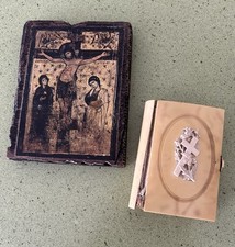 Objets religieux ancien missel bakélite 1889 image cadre bois crucifixion