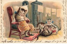 CHATS #MK40099 CHAT HUMANISER ASSIS SUR UN FAUTEUIL CHAUSSON ET CHATS QUI JOUE