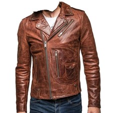 Blouson motard homme moto vintage marron 100 % cuir agneau vieilli