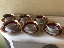 ANCIENNE FABRIQUE ROYALE LIMOGES 6 TASSES À CAFE 11 SOUCOUPES ROUGE & OR