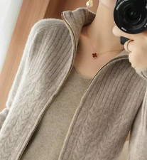 Cardigan Femme Beige Cachemire Mélange - Zippé - Torsadée Col Montant Pull Hiver