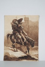 Dessin Original Lavis signé FEROGIO Deux Hommes à Cheval XIX° s Don QUICHOTTE ?