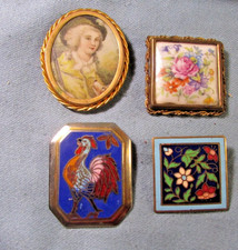 4 broches vintage, dont 2 émaillées ( coq & fleurs)  1 en Limoges 1 portrait