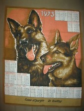 NEUF Vintage 1973 Ancien TORCHON CALENDRIER COUPLE DE CHIENS BERGER Chasse Chiot