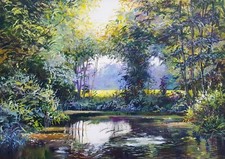 Lac et forêt. Tableau acrylique original